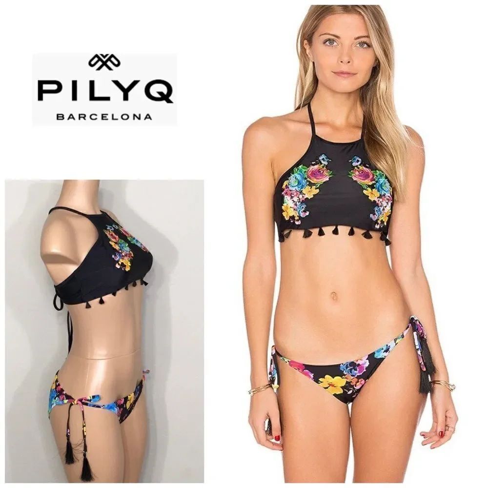 PILYQ tasseled embroidered bikini set. D-cup/M-bottom. NWT
